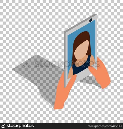 Girl taking selfie photo on smartphone isometric icon 3d on a transparent background vector illustration. Girl taking selfie photo on smartphone isometric