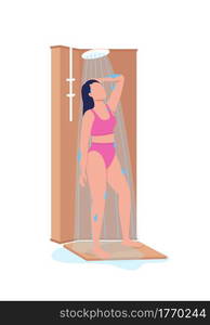 Girl taking shower semi flat color vector character. Woman figure in swimsuit. Full body person on white. Showering daily isolated modern cartoon style illustration for graphic design and animation. Girl taking shower semi flat color vector character