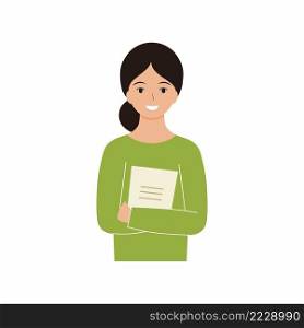 Girl teacher in a green jacket holding a notebook. A young teacher with a beautiful smile. Vector character of a student.