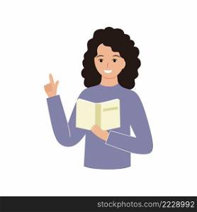 Girl teacher reads a book and holds her finger up. Vector flat character.