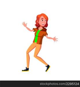 Girl Teen Dancer Dancing On Active Dance Vector. Student Teen With Positive Emotion Listening Energy Music Sound And Active Dancing. Character Performing Elegant Motion Flat Cartoon Illustration. Girl Teen Dancer Dancing On Active Dance Vector