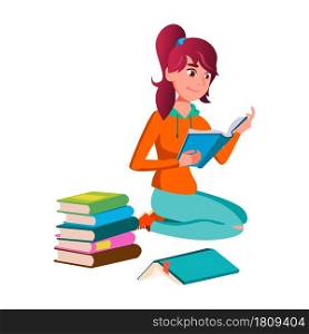 Girl Teen Sitting On Floor And Reading Book Vector. Caucasian Young Lady Teenager Reading Book And Searching Educational Information. Character Preparing For Examination Flat Cartoon Illustration. Girl Teen Sitting On Floor And Reading Book Vector