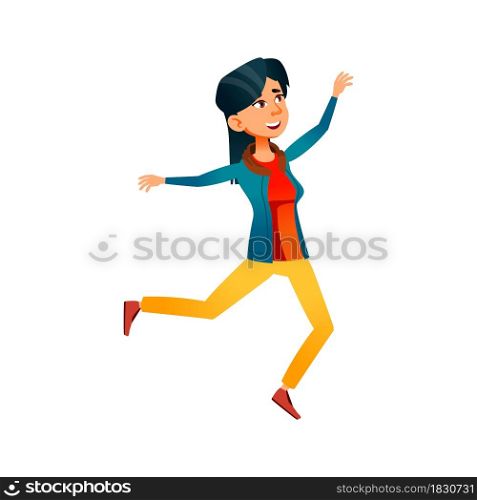 Girl Teen Walk With Jump Outdoor Activity Vector. Asian Teenager Girl Walking And Jumping In Park Nature. Character Young Lady Enjoying With Positive Expression Flat Cartoon Illustration. Girl Teen Walk With Jump Outdoor Activity Vector