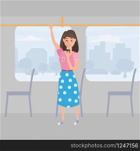 Girl teenager looks in smartphone in public transport, background city, vector, illustration, cartoon style. Girl teenager looks in smartphone in public transport, background city, vector, illustration, cartoon style, isolated