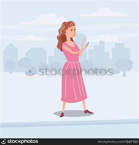 Girl teenager looks in smartphone on the go, background city, vector, illustration, cartoon style. PrintGirl teenager looks in smartphone on the go, background city, vector, illustration, cartoon style, isolated