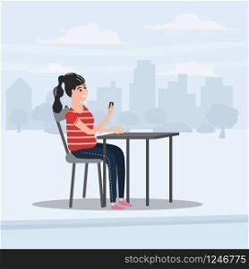 Girl teenager looks in smartphone table in cafe, background city, vector, illustration, cartoon style. Girl teenager looks in smartphone table in cafe, background city, vector, illustration, cartoon style, isolated