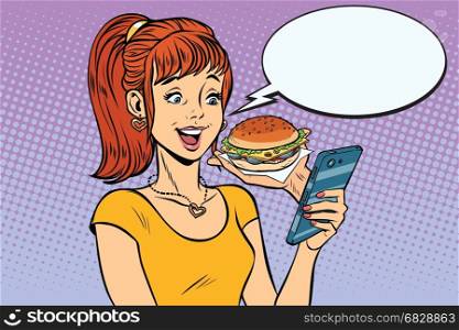 girl teenager online ordering the Burger fast food. Pop art retro vector illustration. girl teenager online ordering the Burger fast food