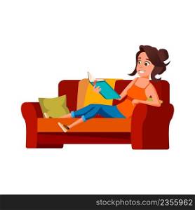 Girl Teenager Reading Book In Living Room Vector. Teenager Student Laying On Couch And Read Educational Book Or Literature Interesting Story. Happy Character Resting Flat Cartoon Illustration. Girl Teenager Reading Book In Living Room Vector