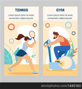 Girl Tennis Player Beat Ball with Racket. Man Riding Exercise Bike in Gym Woman Training, Preparing for Competition Summer Sports Activity. Cartoon Flat Vector Illustration, Vertical Banners Set.. Girl Tennis Player Man Riding Exercise Bike in Gym