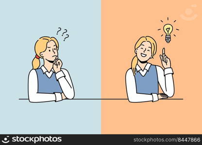 Girl thinking and finding answer. Female student confused looking for answers and creating solution. Innovation and problem solution. Vector illustration.. Girl thinking and finding solution