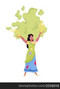 Girl throws green paint semi flat color vector character. Moving figure. Full body person on white. Happy Holi isolated modern cartoon style illustration for graphic design and animation. Girl throws green paint semi flat color vector character