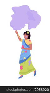 Girl throws purple paint semi flat color vector character. Moving figure. Full body person on white. Tradition on Holi isolated modern cartoon style illustration for graphic design and animation. Girl throws purple paint semi flat color vector character