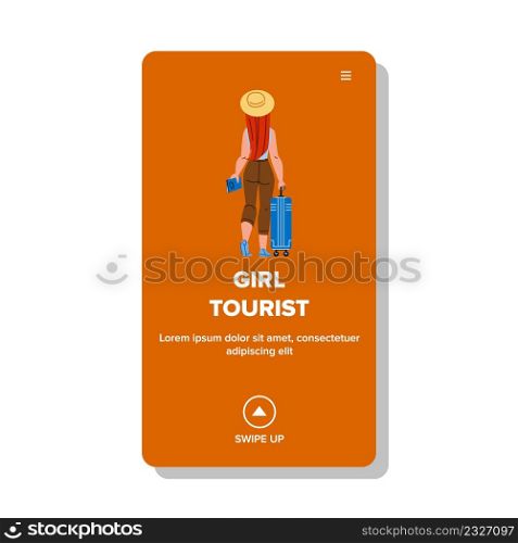 Girl Tourist Walk With Luggage In Airport Vector. Young Girl Tourist With Suitcase Baggage Walking On Railway Station Or Air Terminal. Character Tourism And Vacation Web Flat Cartoon Illustration. Girl Tourist Walk With Luggage In Airport Vector