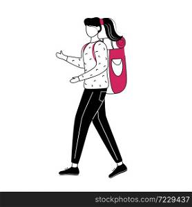 Girl tourist with backpack flat contour vector illustration. Cheap travel ideas for students isolated cartoon outline character on white background. Camping and hiking. Budget tourism simple drawing. Girl tourist with backpack flat contour vector illustration