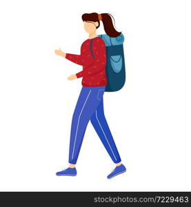 Girl tourist with backpack flat vector illustration. Camping and hiking. Budget tourism. Cheap travelling ideas for students, youth isolated cartoon outline character on white background. Girl tourist with backpack flat vector illustration