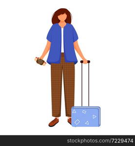 Girl tourist with suitcase and boarding pass flat contour vector illustration. Woman going on trip. Budget tourism. Travelling abroad isolated cartoon outline character on white background. Girl tourist with suitcase and boarding pass flat contour vector illustration