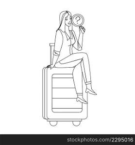 Girl Traveler Found Lost Baggage In Airport Black Line Pencil Drawing Vector. Young Woman Passenger Found Lost Luggage, Airline Service Trouble. Character Searching And Finding Suitcase Illustration. Girl Traveler Found Lost Baggage In Airport Vector