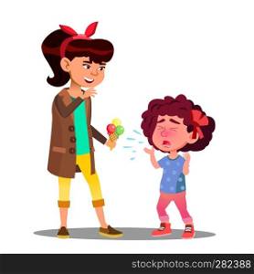 Girl Treating To Crying Girl To Ice Cream Vector. Illustration. Girl Treating To Crying Girl To Ice Cream Vector. Isolated Illustration