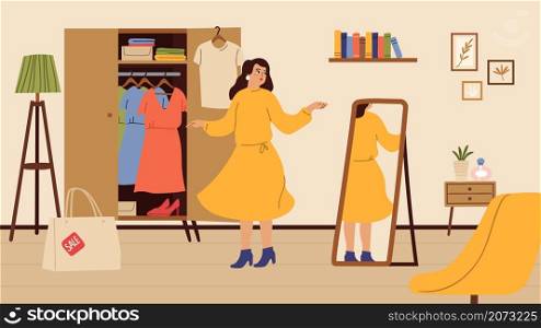 Girl tries dress. Woman shopping, female at home in new clothes. Trendy stylish character look at mirror, living room interior vector illustration. Girl wardrobe, woman fitting clothing. Girl tries dress. Woman shopping, female at home in new clothes. Trendy stylish character look at mirror, living room interior vector illustration