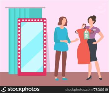 Girl trying on dress near pink mirror in fashion boutique. Young woman choosing clothes in department store. Customer and sales assistant, shopping in sale season. Vector in flat cartoon style. Girl Trying on Dress in Fashion Boutique Vector