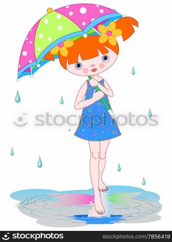 Girl under summer rain holds umbrella