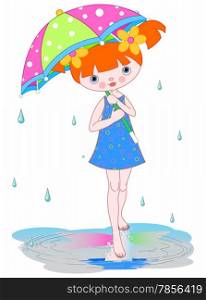 Girl under summer rain holds umbrella