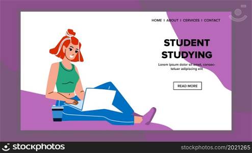 Girl University Student Studying On Laptop Vector. Teenager Student Studying Online On Computer And Drinking Energy Drink. Character Teen Remote Education Web Flat Cartoon Illustration. Girl University Student Studying On Laptop Vector