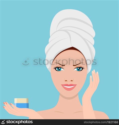 girl uses a cosmetic facial cream. SPA beauty and health concept. Vector illustration in flat style. girl uses a cosmetic facial cream