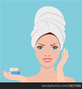 girl uses a cosmetic facial cream. SPA beauty and health concept. Vector illustration in flat style. girl uses a cosmetic facial cream