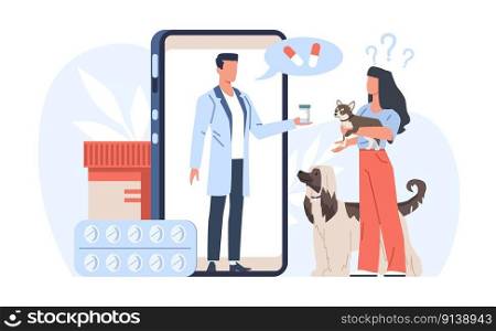 Girl uses online vet services and talks to veterinarian about treating her dog. Huge smartphone with doctor on screen. Domestic animals clinic. Vector cartoon flat style isolated medical concept. Girl uses online vet services and talks to veterinarian about treating her dog. Huge smartphone with doctor on screen. Domestic animals clinic. Vector cartoon flat isolated medical concept