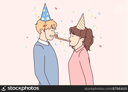 Girl uses tongue whistle to wish boyfriend happy birthday during birthday party for school or college friends. Pleased teenage boy and girl looking at each other. Flat vector illustration. Girl uses tongue whistle to wish boyfriend happy birthday during birthday party. Vector image