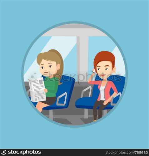 Girl using mobile phone in public transport. Woman reading newspaper in public transport. People traveling by public transport. Vector flat design illustration in the circle isolated on background.. People traveling by public transport.
