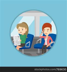 Girl using mobile phone in public transport. Woman reading newspaper in public transport. People traveling by public transport. Vector flat design illustration in the circle isolated on background.. People traveling by public transport.