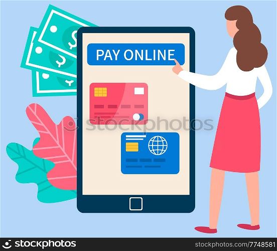 Girl using program for online remote payment of purchases on a phone screen via the Internet. Businesswoman presses button pay online by credit card. Platform landing page template vector illustration. Girl is using program for online remote payment of purchases on the phone screen via the Internet
