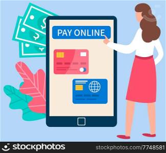 Girl using program for online remote payment of purchases on a phone screen via the Internet. Businesswoman presses button pay online by credit card. Platform landing page template vector illustration. Girl is using program for online remote payment of purchases on the phone screen via the Internet