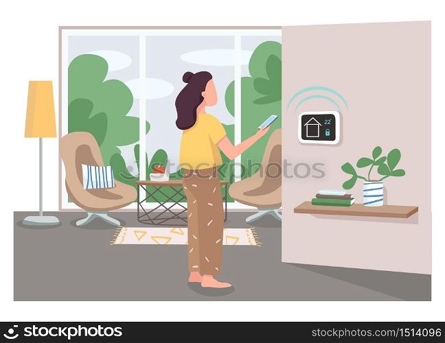 Girl using smart home management panel flat color vector faceless character. Innovative house control system. IOT technology control cartoon illustration for web graphic design and animation