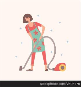 Girl vacuums. Housework, house cleaning. Vector illustration on a light background.. Girl vacuums. Vector illustration on a light background.