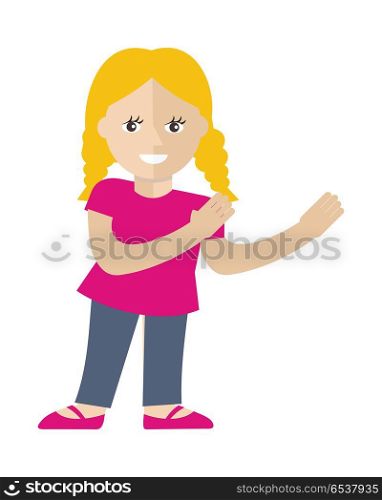 Girl Vector Illustration in Flat Design. Smiling blonde girl with raised hands for holding some thing flat vector illustration isolated on white background. Cute child. For advertising, people infographics, childhood concepts design. Girl Vector Illustration in Flat Design