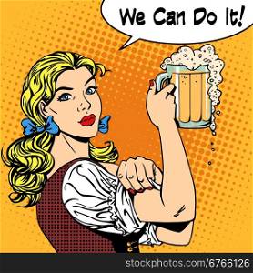 girl waitress with beer says we can do it. Girl waitress with beer says we can do it. Oktoberfest beer festival brewery restaurant holiday party. Womens business strong gender feminism. Retro style pop art. Woman in traditional Bavarian clothes