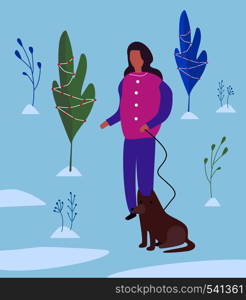 girl walking a dog in winter park. Flat vector illustration. girl walking a dog. Flat vector illustration