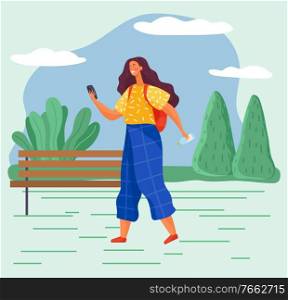 Girl walking alone in summer park. Student hold phone and messaging to somebody. Lady stroll on pathway in lawn. Beautiful landscape with greenery, trees and grass. Vector illustration in flat style. Girl with Smartphone Walking Alone in Summer Park