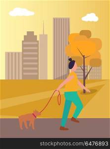 Girl Walking Dog in Park on Vector Illustration. Girl in the process of walking her dog in autumn city park, with skyscrapers, clouds and yellow grass and tree on background of vector illustration