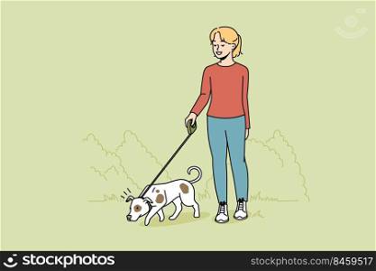 Girl walking dog on leash outdoors. Happy child with pet enjoying walk in park. Domestic animal and friendship. Vector illustration.. Girl walking dog on leash