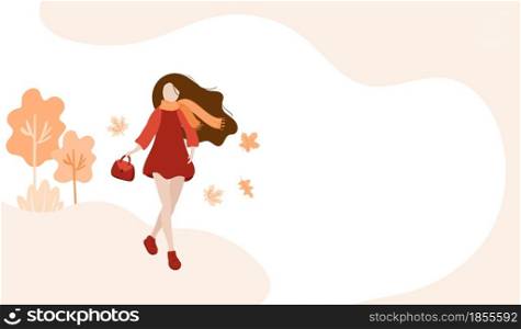 Girl walking in the autumn park banner. Abstract woman with scarf and in warm clothes. The concept of walking in the park, meditation and pleasure. Handmade drawing vector illustration.. Girl walking in the autumn park banner. Abstract woman with scarf and in warm clothes. The concept of walking in the park, meditation and pleasure. Handmade drawing vector illustration