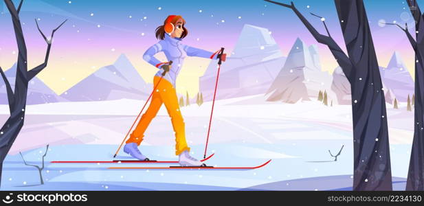 Girl walking on ski on snow. Vector cartoon illustration of winter landscape with mountains, snowy field, trees and woman with sticks skiing. Winter sport activity concept. Winter landscape with girl walking on ski on snow