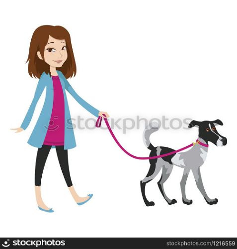 Girl walking with a dog on a leash. Vector illustration isolated on white background.