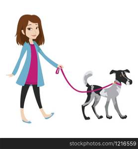 Girl walking with a dog on a leash. Vector illustration isolated on white background.