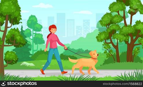 Girl walking with dog. Walk canine, young lady friendship with pet, person outdoor walking. Vector illustration. Girl walking with dog. Person walk canine