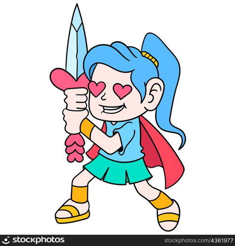 girl warrior holding sword with admire face