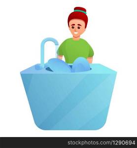 Girl wash dishes icon. Cartoon of girl wash dishes vector icon for web design isolated on white background. Girl wash dishes icon, cartoon style